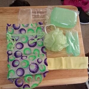 Avon Bath Set with Green and Purple Accents